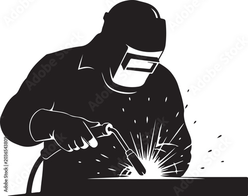 Black silhouette of welder with sparks welding