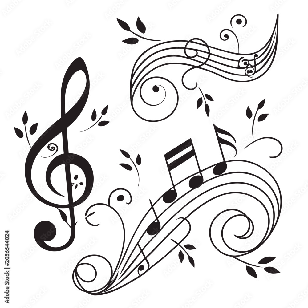 Fototapeta premium Black music notes and treble clef design with staff lines, swirls, and floral elements, musical score vector illustration