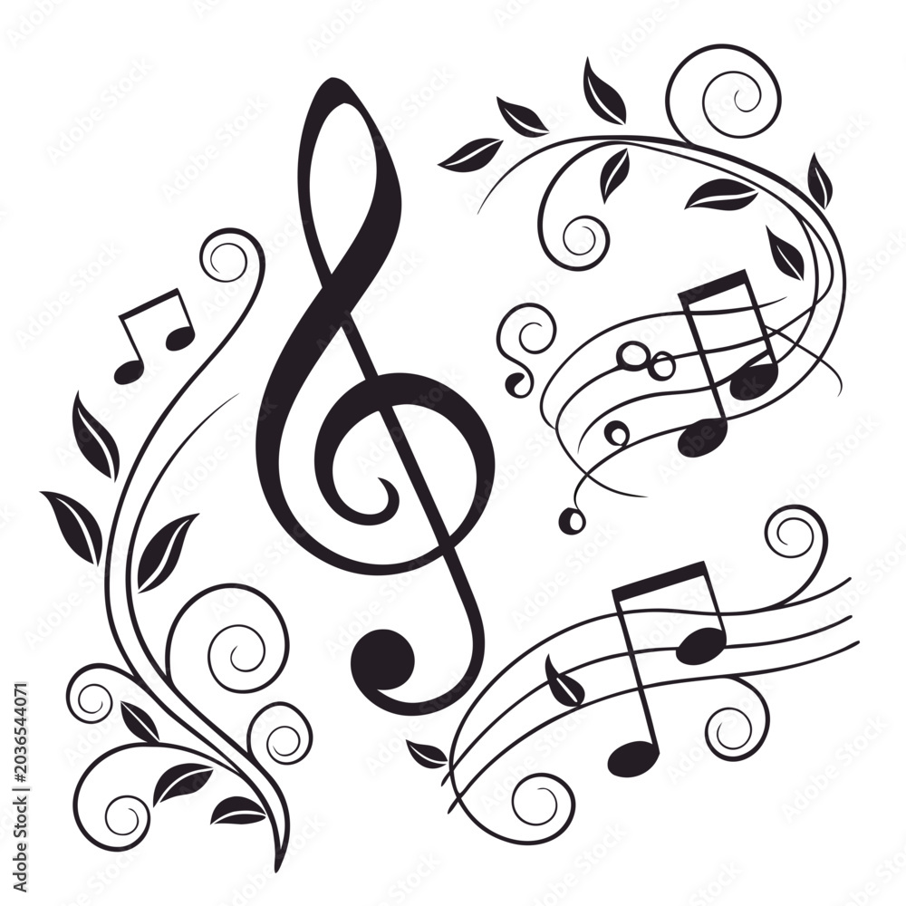 Fototapeta premium Dynamic musical artwork showing flowing staff lines with eighth notes and treble clef intertwined with organic leaf vines for expressive backdrop