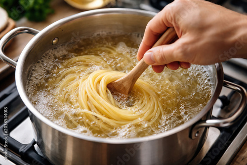 Close-up of spaghetti boiling in pot, symbolizing cooking process, homemade meal, and culinary activity