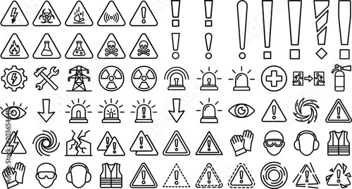 Industrial safety hazard warning line art vector icon set featuring exclamation marks caution triangles radiation biohazard and protective equipment