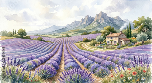 Canvastavla Serene watercolor painting of a lavender field in Provence, France, with rolling