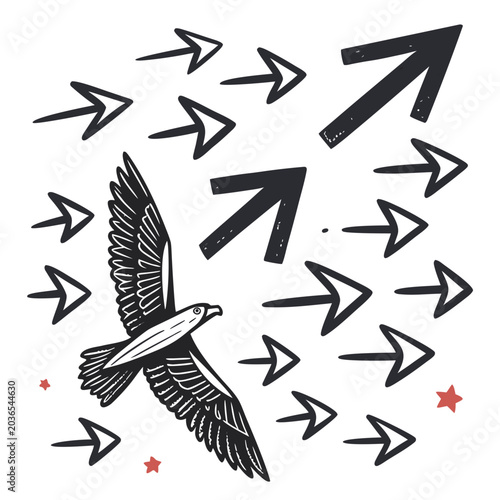 Fotografía Eagle flying among arrows, representing courage, independence, and going against