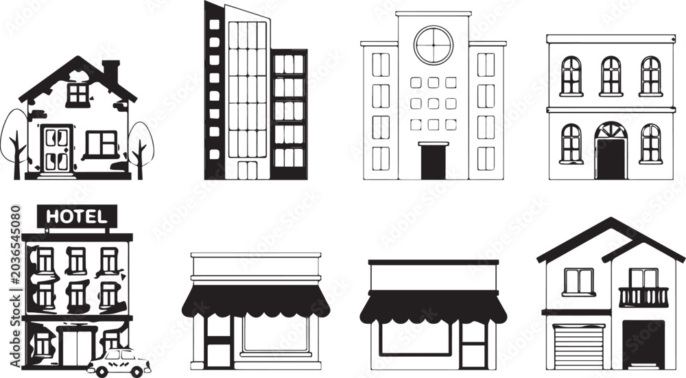 Naklejka premium Black and White Building and Storefront Icon Collection with Hotel Residential and Commercial Architecture Designs