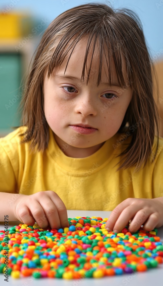 Fototapeta premium Child with Down syndrome sorting colorful beads at table