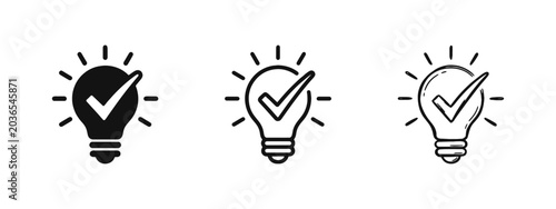 Fotografie Creative Solution and Successful Idea Icons - Lightbulb with Checkmark Symbols f