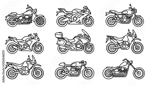 Obraz na płótnie Minimalist black line art vector illustration set of various motorcycles, elegan