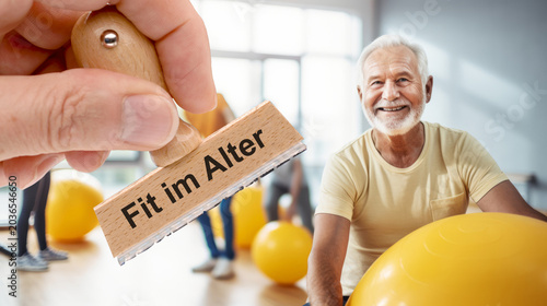 Ein Holzstempel ist beschriftet mit dem Aufdruck Fit im Alter über einem fiktiven Bild mit Senioren beim Sport - FOTOMONTAGE