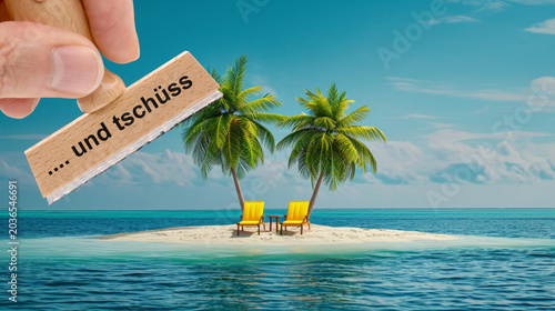 Ein Holzstempel ist beschriftet mit dem Aufdruck: .... und tschüss über dem Bild einer einsamen Karibik-Insel mit Palmen und Liegestühlen am Sandstrand – FOTOMONTAGE