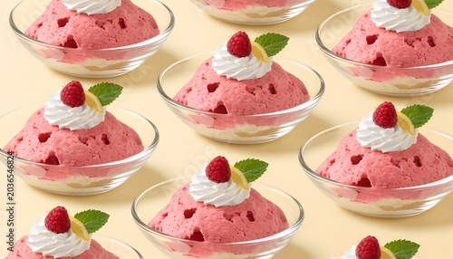Pink Dessert With Whipped Cream Raspberry and Mint Garnish In Clear Bowl Light Background