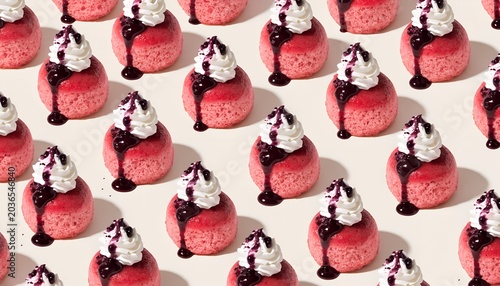 Rows Of Pink Cakes With Whipped Cream And Blueberry Sauce On Beige Background