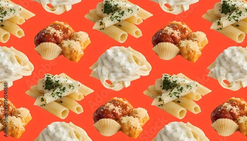 Repeating Pattern Of Pasta Dishes With Meatballs And White Sauce On Bright Orange Background