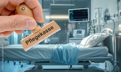 Vor einem fiktiven und künstlichem Bild eines Krankenzimmers wird ein Holzstempel gehalten mit der Aufschrift Pflegekasse - FOTOMONTAGE
