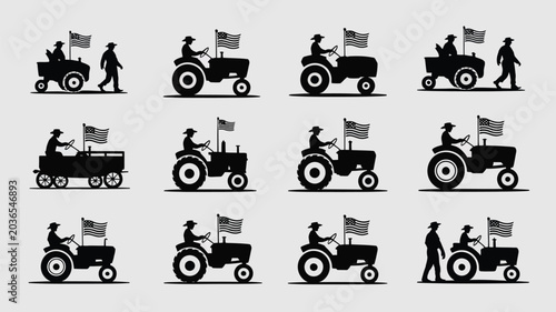 American farmer silhouette on tractor carrying usa flag patriotic farming vector set icon.