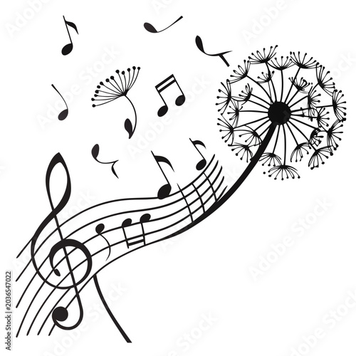 Cuadro en lienzo Large dandelion puffball releasing seeds that transform into musical symbols and notes on a treble clef staff for fantasy music theme background