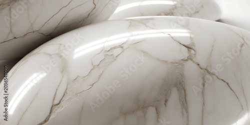 Closeup of white marble shapes with brown veins on surface, isolated on white background