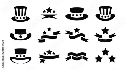 Fotografía Set of Uncle Sam hats, stars and ribbons for patriotic design.