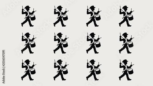 Photos Set of marching band drummer silhouettes walking and playing music in military uniform art