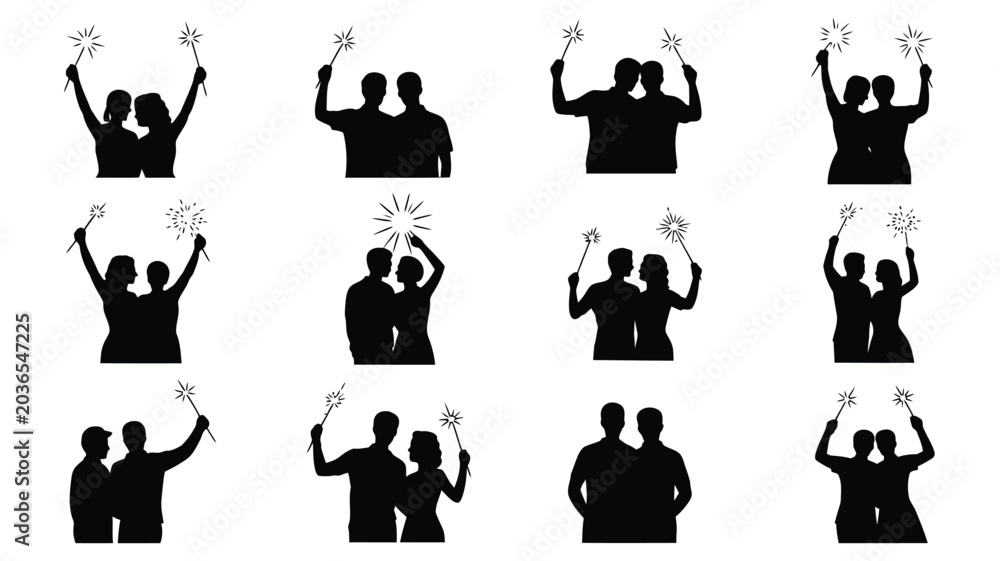 Obraz premium Couples celebrating with sparklers silhouette set outdoor.