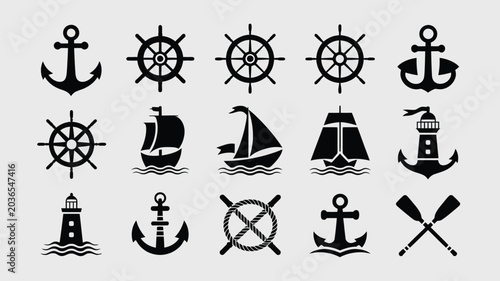 Schilderij op canvas Nautical icons set with anchors, ship wheels, ships and lighthouses