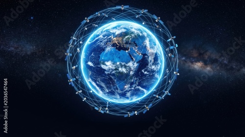 Global satellite network monitoring earth space digital art dark background futuristic concept