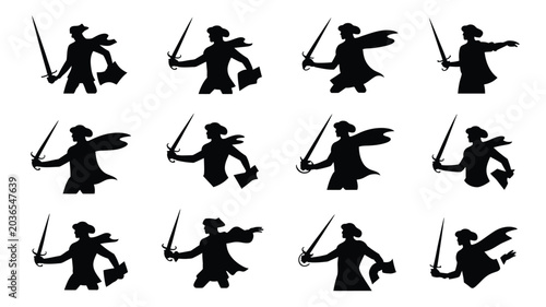 Tableau sur toile Pirate silhouette collection with swords and capes standing in various heroic action poses