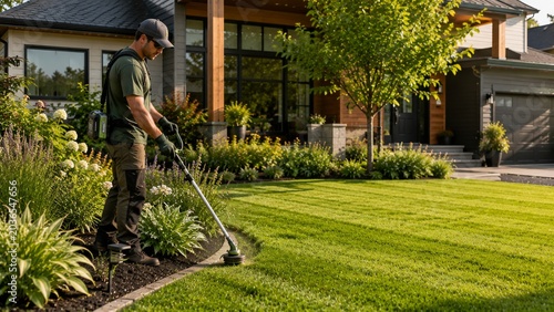 Lawn care action residential neighborhood gardening process suburban environment close-up view landscape maintenance concept