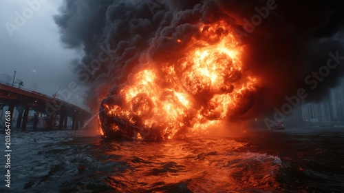 A dramatic scene depicting a ship engulfed in intense flames on turbulent waters, highlighting themes of destruction, danger, and the unpredictability of nature's fury.
