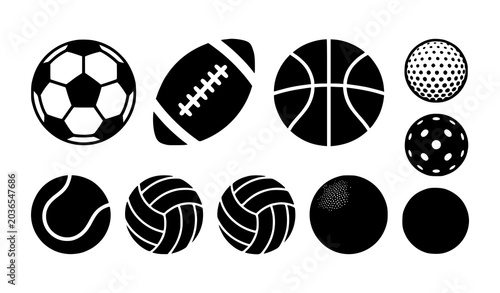 Tableau sur toile Sports Balls Silhouette Vector Icon Set with Basketball Football Soccer Tennis B