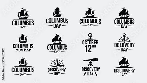Fotografie Columbus day holiday badges featuring sailing ships and navigational tools for celebration
