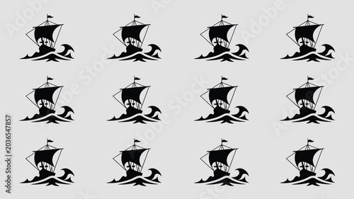 Valokuva Vintage sailing ship icons set on waves for nautical design and maritime exploration theme