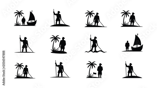 Φωτογραφία Explorers landing on tropical island beach with palm trees and sailboats in silhouette art