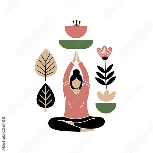 Foto Woman doing yoga with flowers plants.