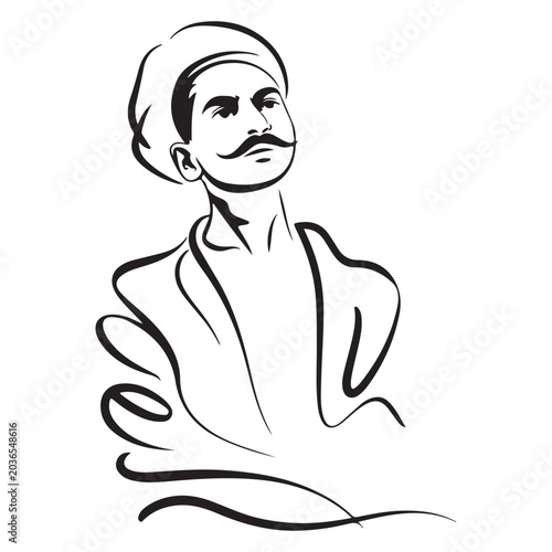 Traditional Indian man with turban and mustache calligraphic line art vector