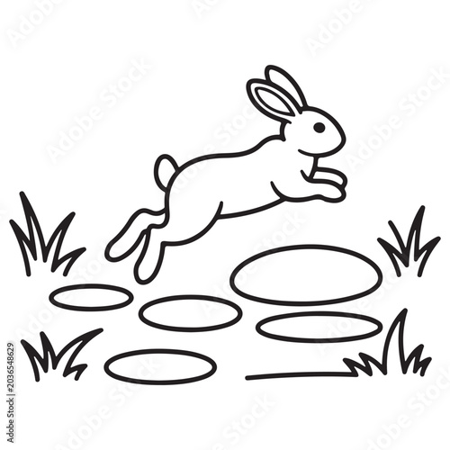 Cute rabbit jumping over stepping stones line art cartoon vector