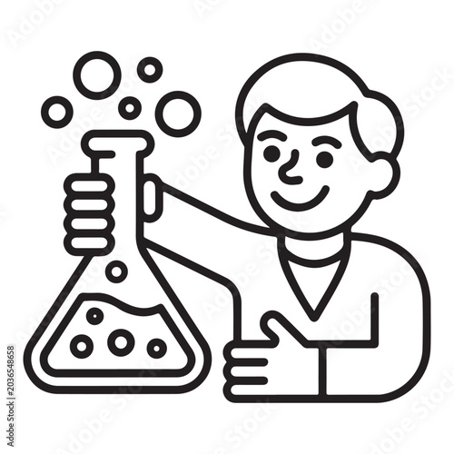 Cute scientist boy holding chemical Erlenmeyer flask cartoon line art vector