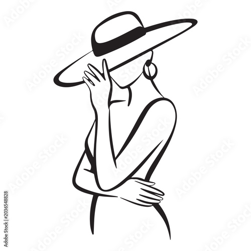 Elegant minimalist woman wearing fashion sun hat line art vector portrait