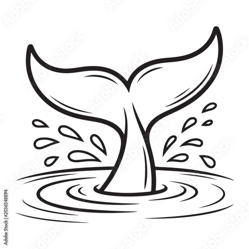 Whale tail flukes splashing water ocean marine life cartoon line art vector