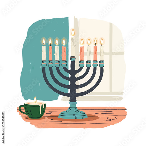Billede på lærred Menorah with lit candles on table.