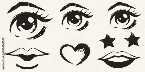 Bild auf Leinwand Expressive eyes lips and heart shapes in black ink illustration