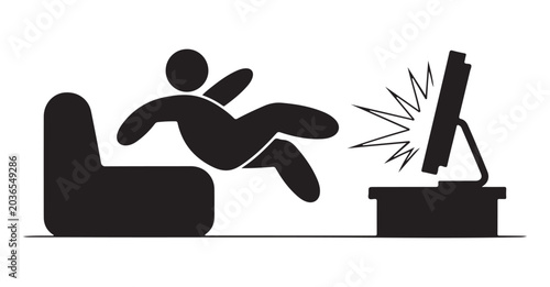 Man shocked and blown away by television screen stick figure vector