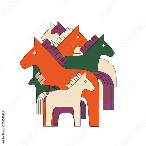 Colorful Horses Stacked Together Illustration.