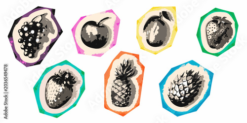 Foto Fruit Illustrations With Geometric Frames Colorful Vector Graphics