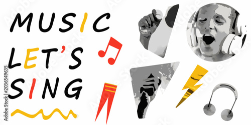 Bild auf Leinwand Music themed vector collage with lyrics musical notes and singer illustration