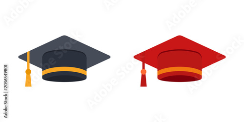 Graduation Cap icon set. Vector illustration of two graduation caps in black and red. flat illustration of vector icon on white background