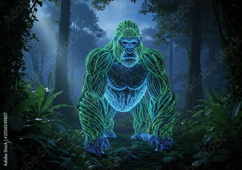 Futuristic Neon Gorilla in Deep Jungle Night, Bioluminescent Digital Art of a Cybernetic Ape in Tropical Rainforest