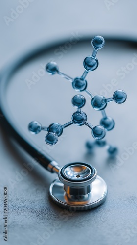 A stethoscope and molecular model on a blue background, for healthcare and medical concepts.