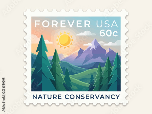 Bild auf Leinwand Vintage Style Forever USA Postage Stamp Illustration with Mountain Landscape, Pi
