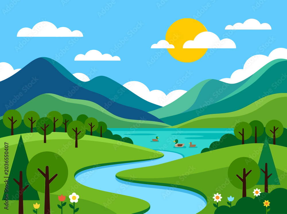 Obraz premium Vibrant Flat Vector Nature Landscape with Mountains, Winding River, Lake, and Sun; Minimalist Summer Countryside Illustration for Background and Web Design