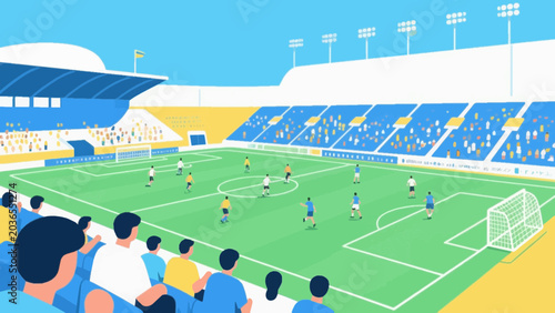 Flat design illustration of soccer match in stadium with crowd of spectators